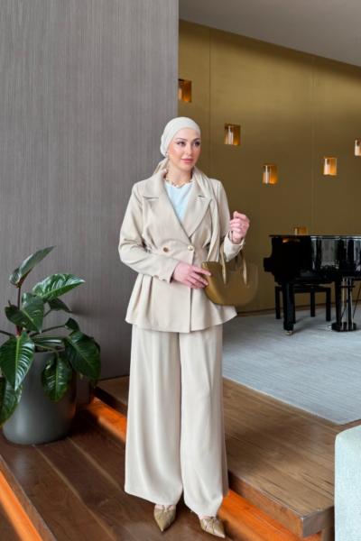 Çiçek Pantolonlu Takım Krem