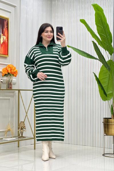 Çizgili Triko Elbise Zümrüt