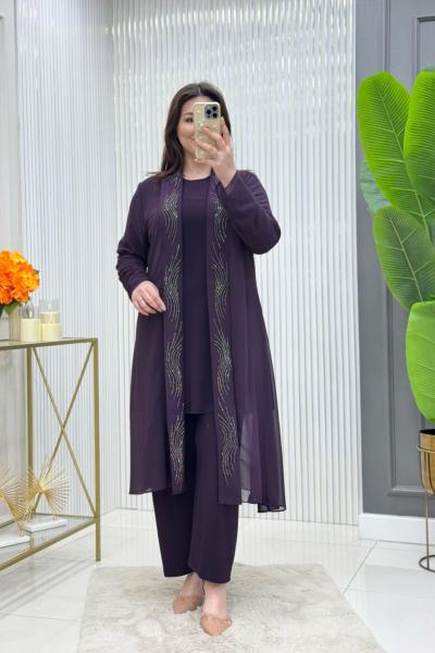 Hülya 3lü Takım  Patlıcan Moru