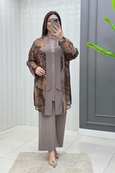 Medine 3lü Takım Koyu Vizon