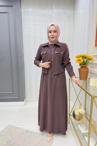 Meltem Ceketli Elbise Takım Kahverengi