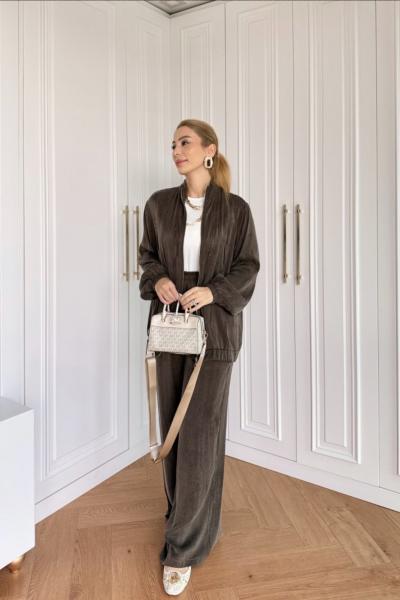 Petek Pantolonlu Takım Kahverengi