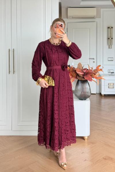 Sümbül Dantel Elbise Bordo