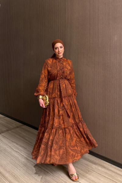 Aleda Kiremit Desenli Elbise  Kiremit