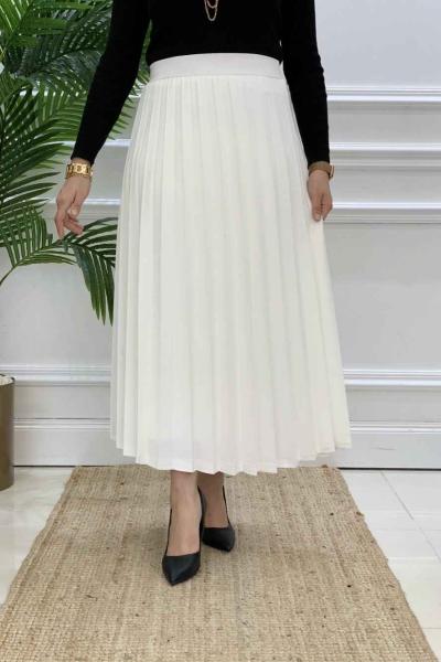 Beli Lastikli Piliseli Etek Beyaz Beyaz