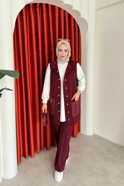 Berfin Üçlü Pantolon Takım Bordo Bordo