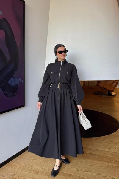 Dilber Trenç Elbise Siyah Siyah