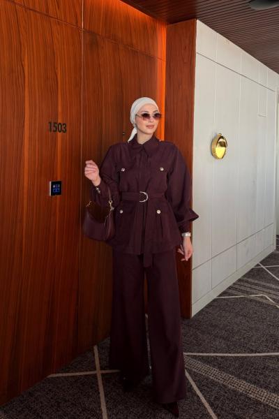 Emine Pantolonlu Takım Bordo  Bordo
