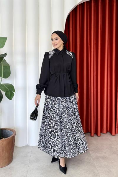 Günçiçek Etekli Takım Gümüş Siyah-Gümüş