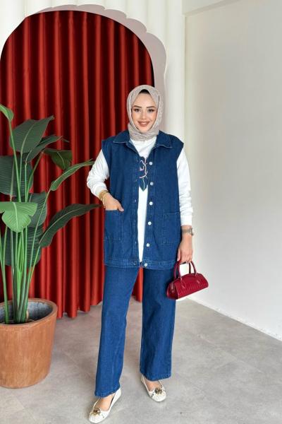 Nermin 3 lü Pantolonlu Takım Koyu Mavi koyu mavi