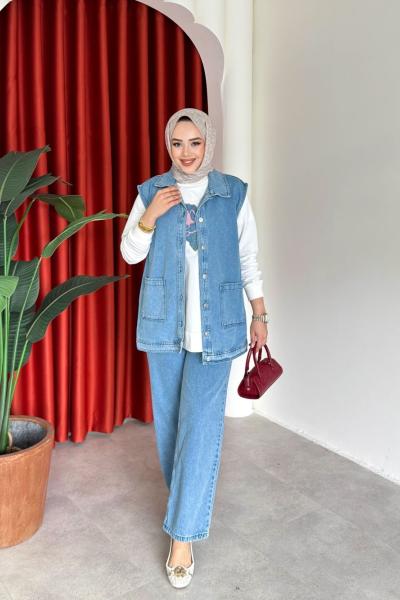 Nermin 3 lü Pantolonlu Takım Açık Mavi Açık Mavi