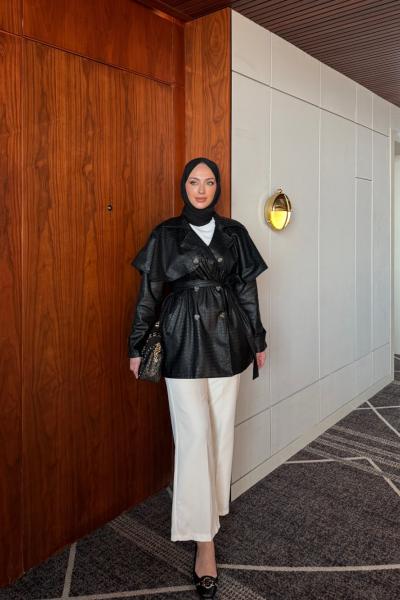 Saliha Deri Trençkot Siyah Siyah