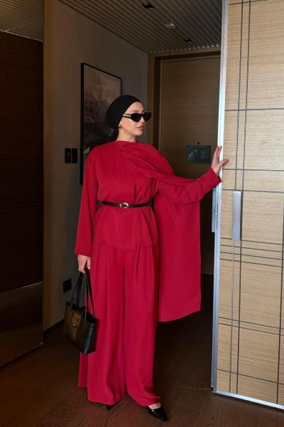 Songül Pantolonlu Takım Kırmızı Kiraz