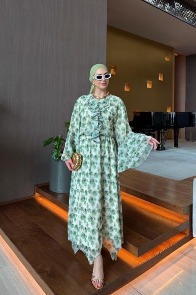 Vira Yeşil Çiçek Desenli Etek Takım  Çağla Yeşili