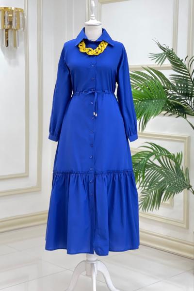 Aria Bağcıklı Düğmeli Elbise Mavi