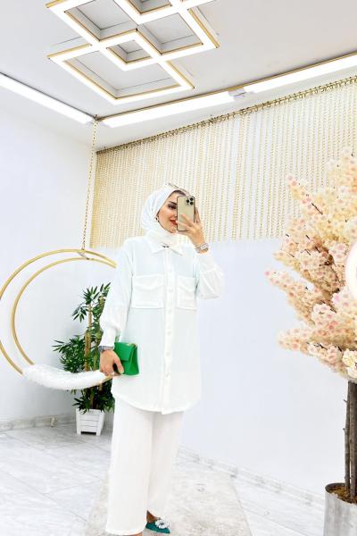 Beyaz Esra Takım Tesettür Bürümcük Kumaş Büyük Beden Seçeneği