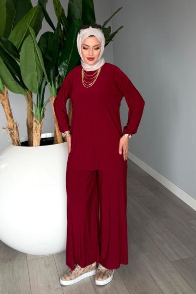Bordo Cemre Piliseli Pantolonlu Takım Esnek Sendi Kumaş Tesettür Giyim