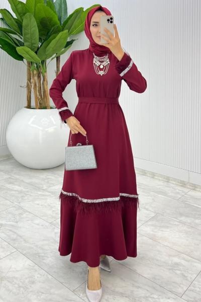 Bordo Mosso Abiye Elbise Tesettür Giyim