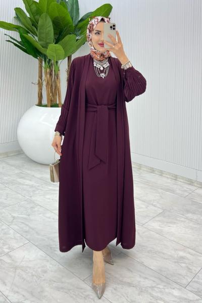 Bordo Premıum Melek Abaya Takım Tesettür Giyim