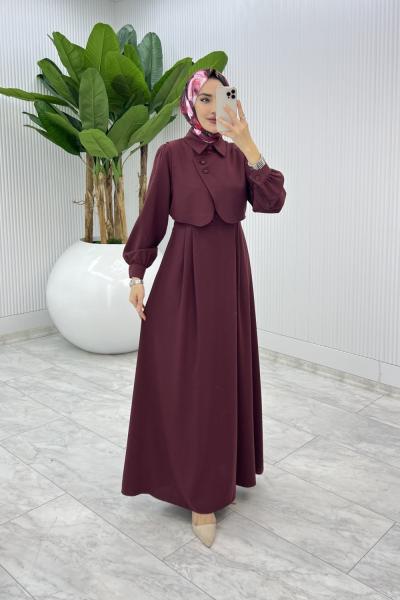 Bordo Sevgi Yelekli Elbise Takım Tesettür Giyim