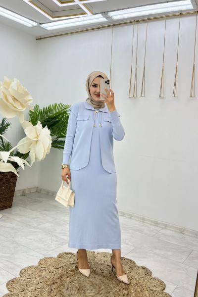 Buz Mavi Bade Triko Takım Tesettür Giyim