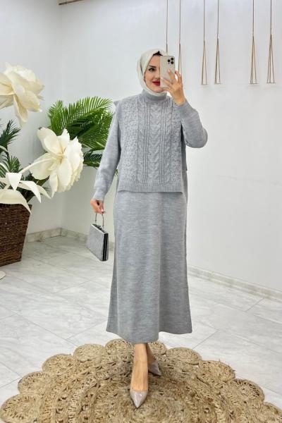Gri  Damla Triko Elbise Takım Tesettür Giyim