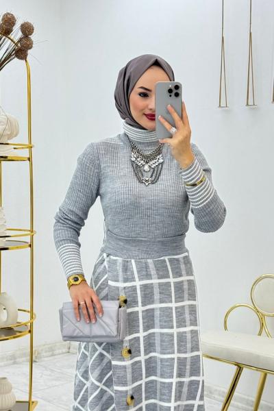 Gri Ekose Triko Takım Tesettür Giyim
