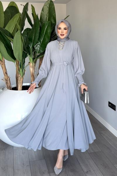 Gri Meşk Abaya Takım Tesettür Giyim