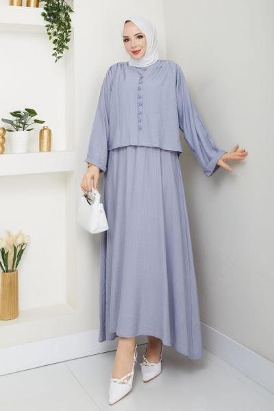 Gri Modadüğme Elbise Takım Tesettür Giyim