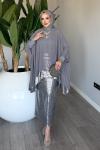 Gri Premium Fatma Payetli Etek Takım Tesettür Giyim