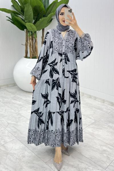 Gri Yaprak Desen Elbise Tesettür Giyim
