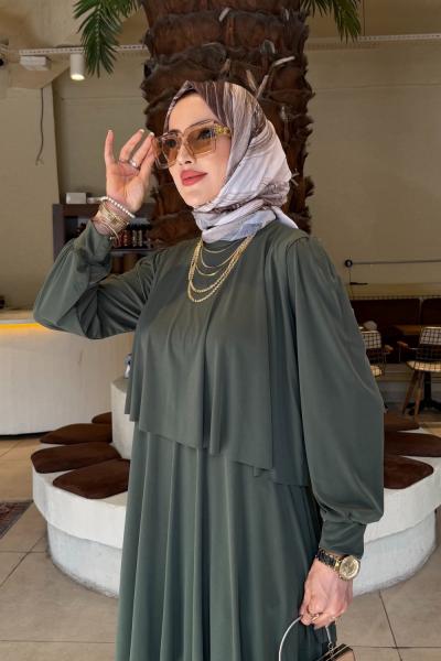 Haki Hürrem Sendi Kumaş Tam Boy Tesettür Elbise
