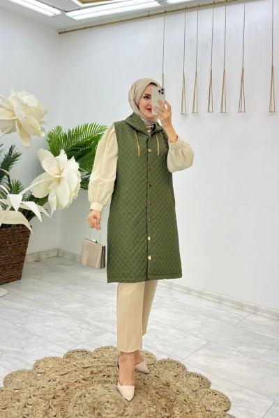 Haki Kapitone Yüksel Yelek Tesettür Giyim