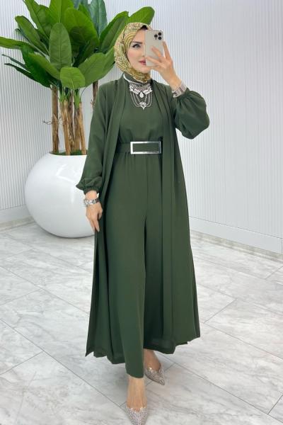 Haki Premium Silva Tulumlu Abaya Takım Tesettür Giyim