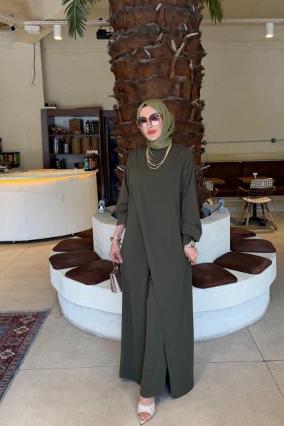 Haki Sude Medine İpeği Krep Kumaş Pantolonlu Tesettür Giyim