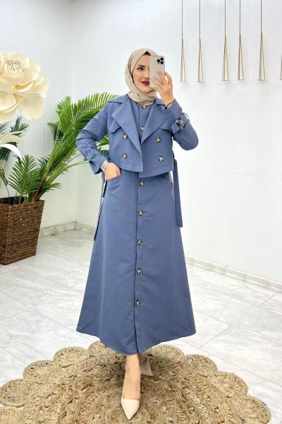 İndigo Mavi Astarlı Almira Trench Takım Tesettür Giyim