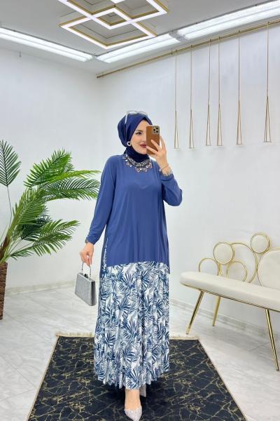 İndigo Sendi Palmiye Etek Takım Tesettür Giyim