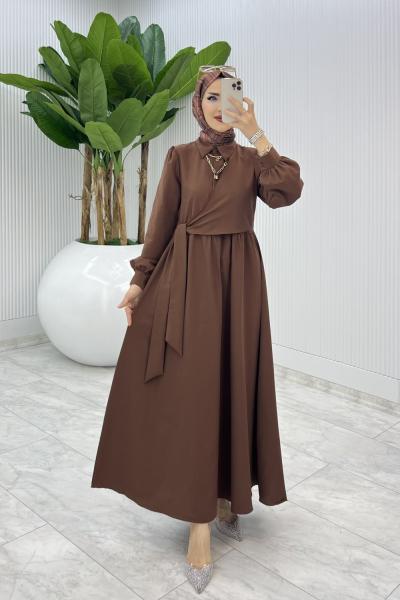 Kahve Bağlamalı Elbise Tesettür Giyim