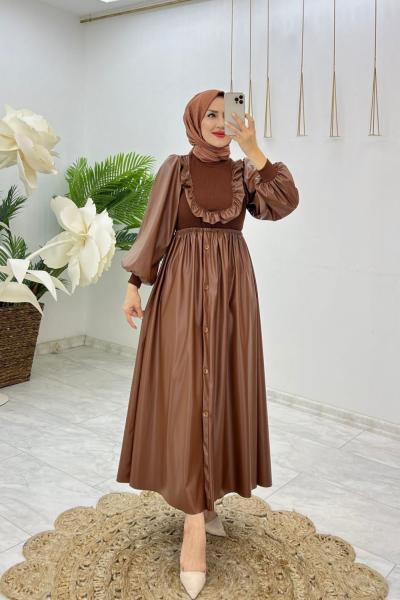 Kahve Filiz Deri Elbise Tesettür Giyim