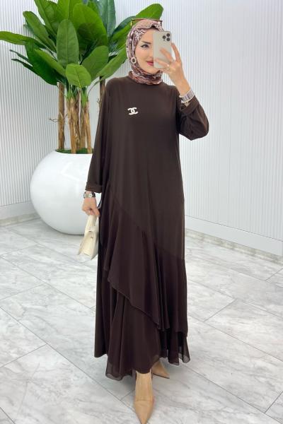 Kahve Broşlu Gülşah Elbise Tesettür Giyim