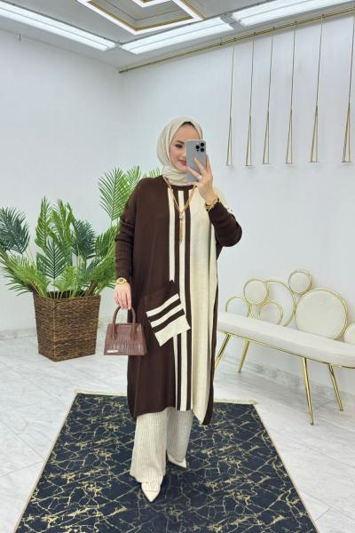 Kahve Kübra Triko Panço Tesettür Giyim