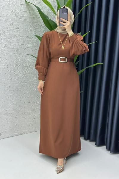 Kahve Narin Elbise Tesettür Giyim