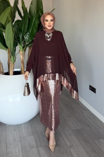 Kahve Premium Fatma Payetli Etek Takım Tesettür Giyim