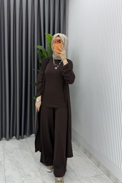Kahve Sevgi Takım Üçlü Tam Boy İçlik Hırka Ve Pantolon Tesettür Giyim