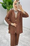 Kahve Tek Düğme Ceket Takım Tesettür Giyim