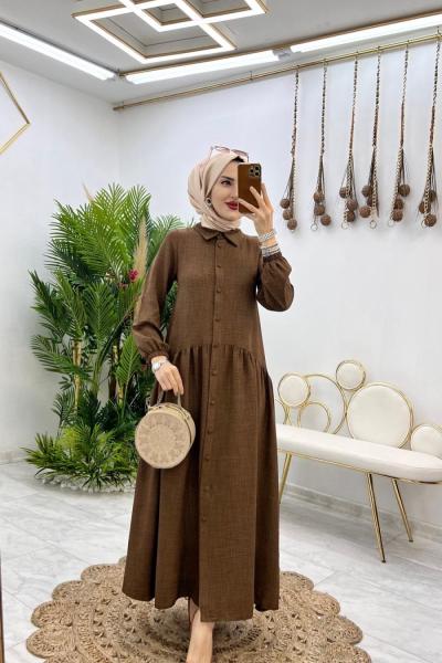 Kahve  Yaren Keten Elbise Tesettür Giyim