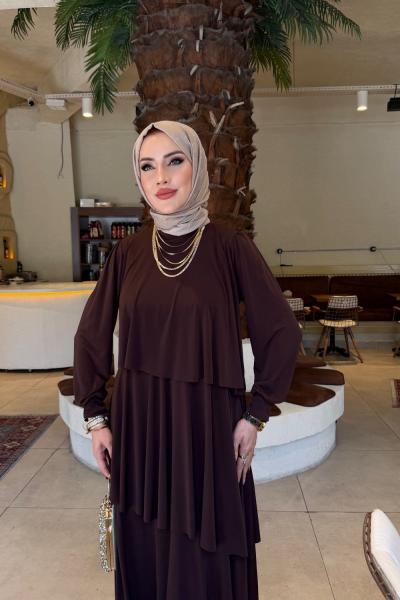 Kahverengi Hürrem Sendi Kumaş Tam Boy Tesettür Elbise