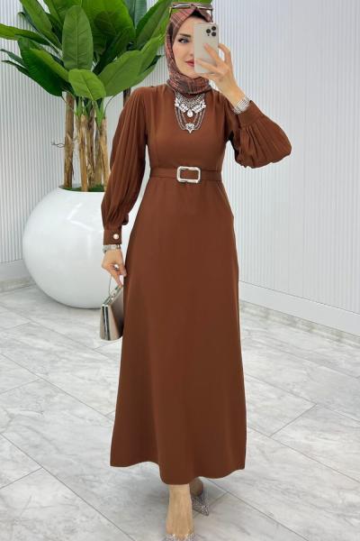 Kahverengi Kalem Elbise Tesettür Giyim