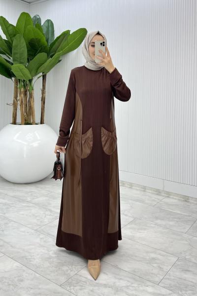 Kahverengi  Asya Deri Cepli Elbise Tesettür Giyim