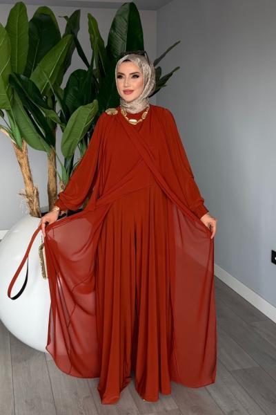 Kiremit Linet  Kemerli Tulum Premium Seri Tasarım Tesettür Giyim
